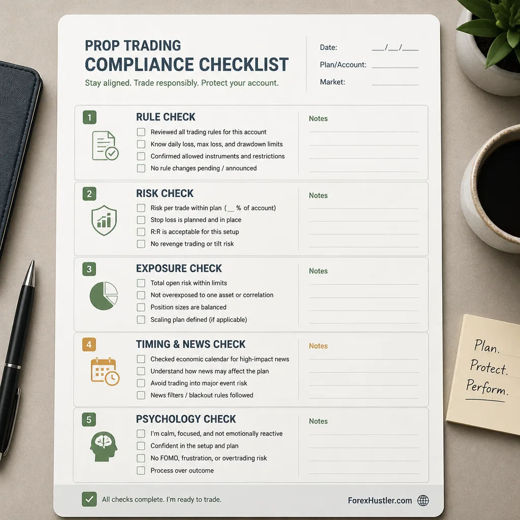 Pre-trade compliance checklist card with rule check, risk check, exposure check, timing and news check, and psychology check