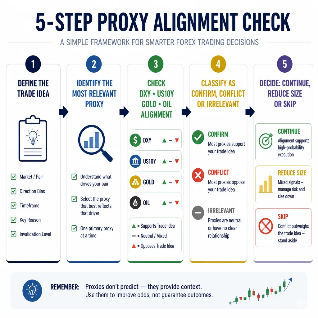 Step-by-step pre-trade correlation checklist showing define idea, choose main proxy, check alignment, classify signals, and decide whether to trade