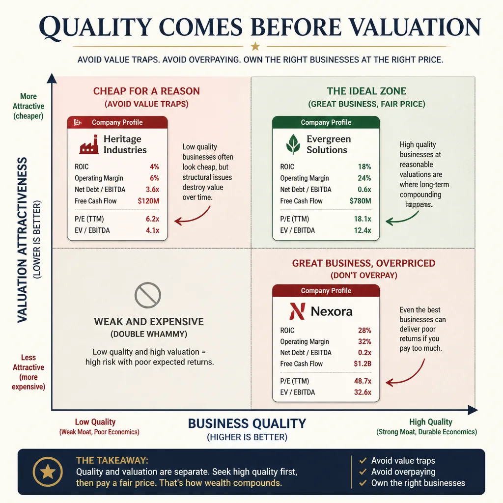 Side-by-side comparison of a cheap weak business and a high-quality expensive business on quality and valuation axes