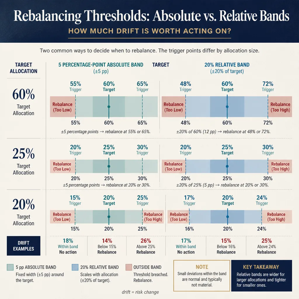 Decision chart showing absolute and relative rebalancing thresholds for several target allocations, including examples for 60 percent, 25 percent, and 20 percent targets
