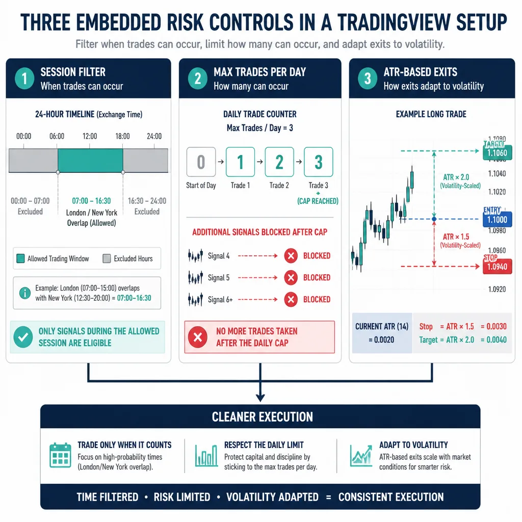 Risk control dashboard showing allowed trading session window, daily trade counter limit, and ATR stop target distances around an entry price