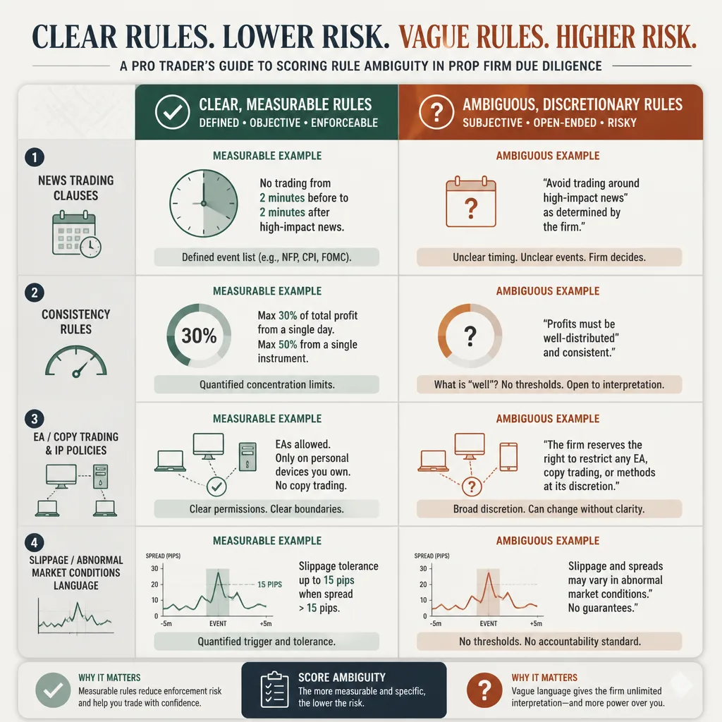 Comparison chart contrasting clear measurable prop firm rules with ambiguous discretionary rules, including examples for news trading, consistency, slippage, and abnormal market conditions.