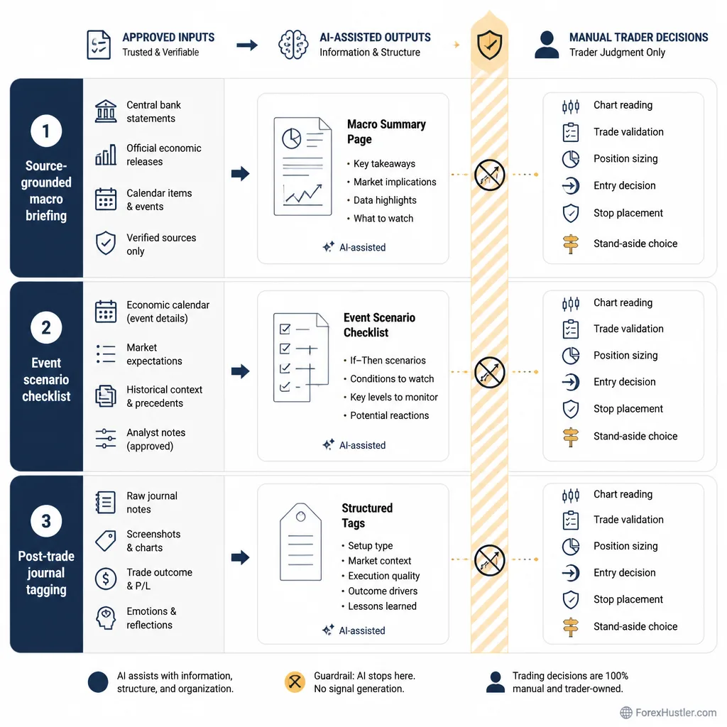 Three-lane workflow diagram showing source packet to macro briefing, event checklist, and journal tagging, with guardrails separating AI tasks from manual trade decisions