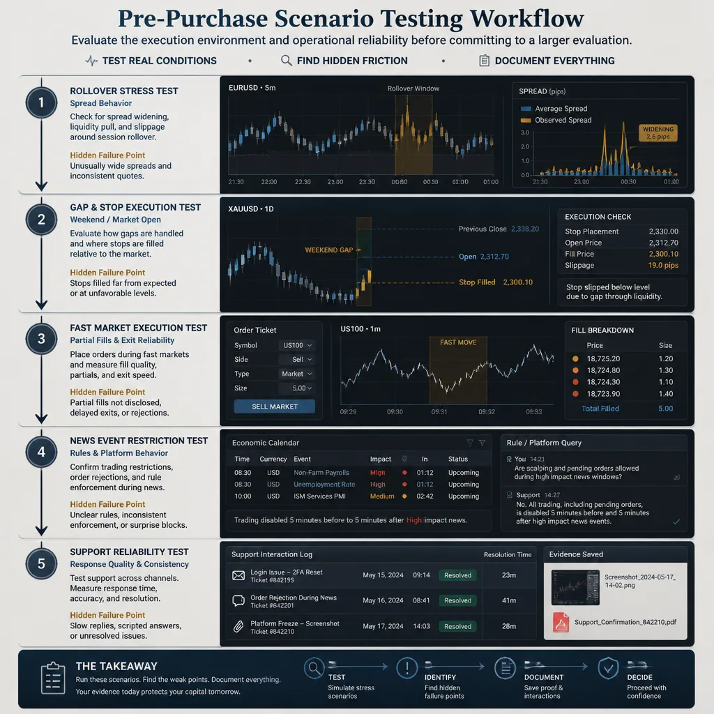 Workflow illustration showing pre-purchase scenario tests including rollover spread checks, gap execution, partial fills, news restriction questions, and support documentation trail.