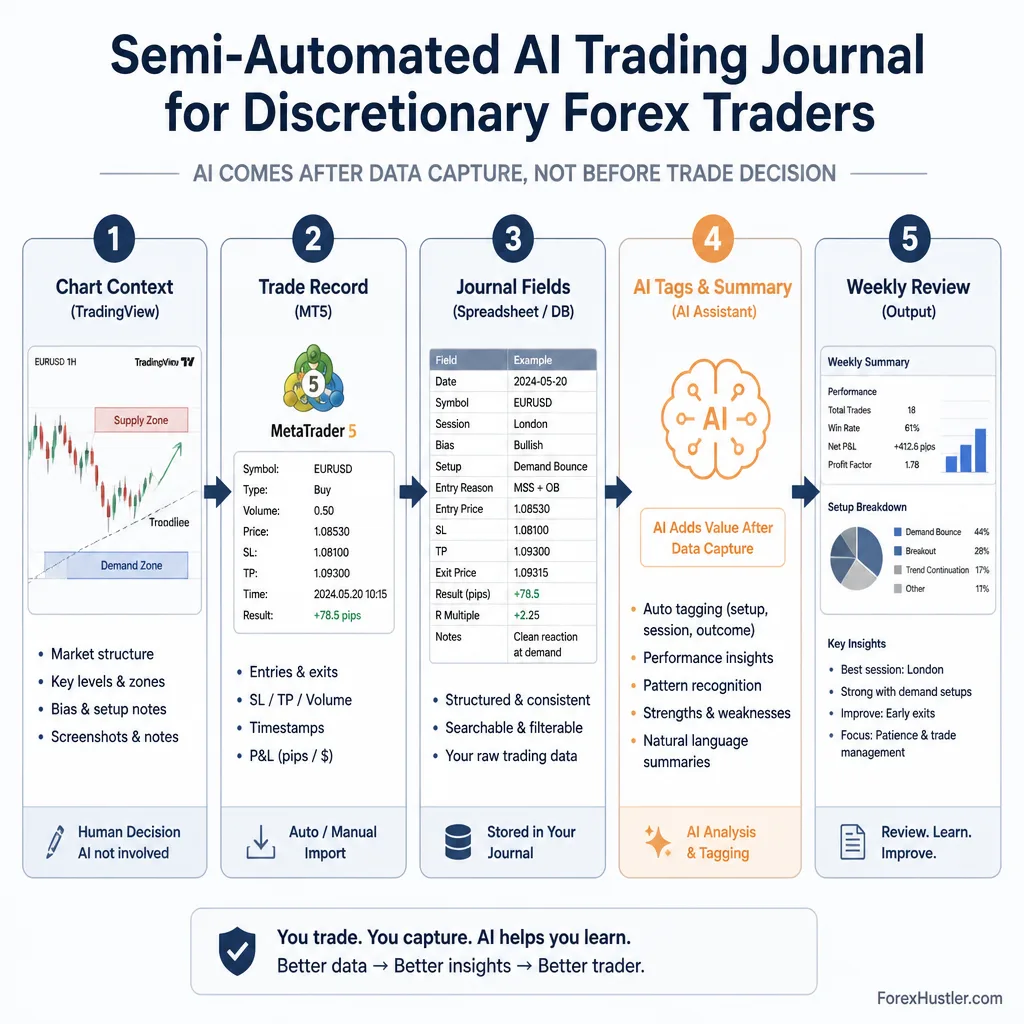 Simple workflow diagram connecting TradingView chart screenshots, MT5 trade records, journal database, AI tagging, and weekly review summary
