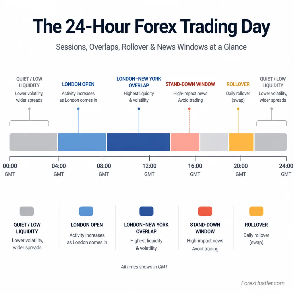 Simple timeline diagram of a trading day highlighting low-liquidity hours, London open, New York overlap, rollover, and high-impact news stand-down zones