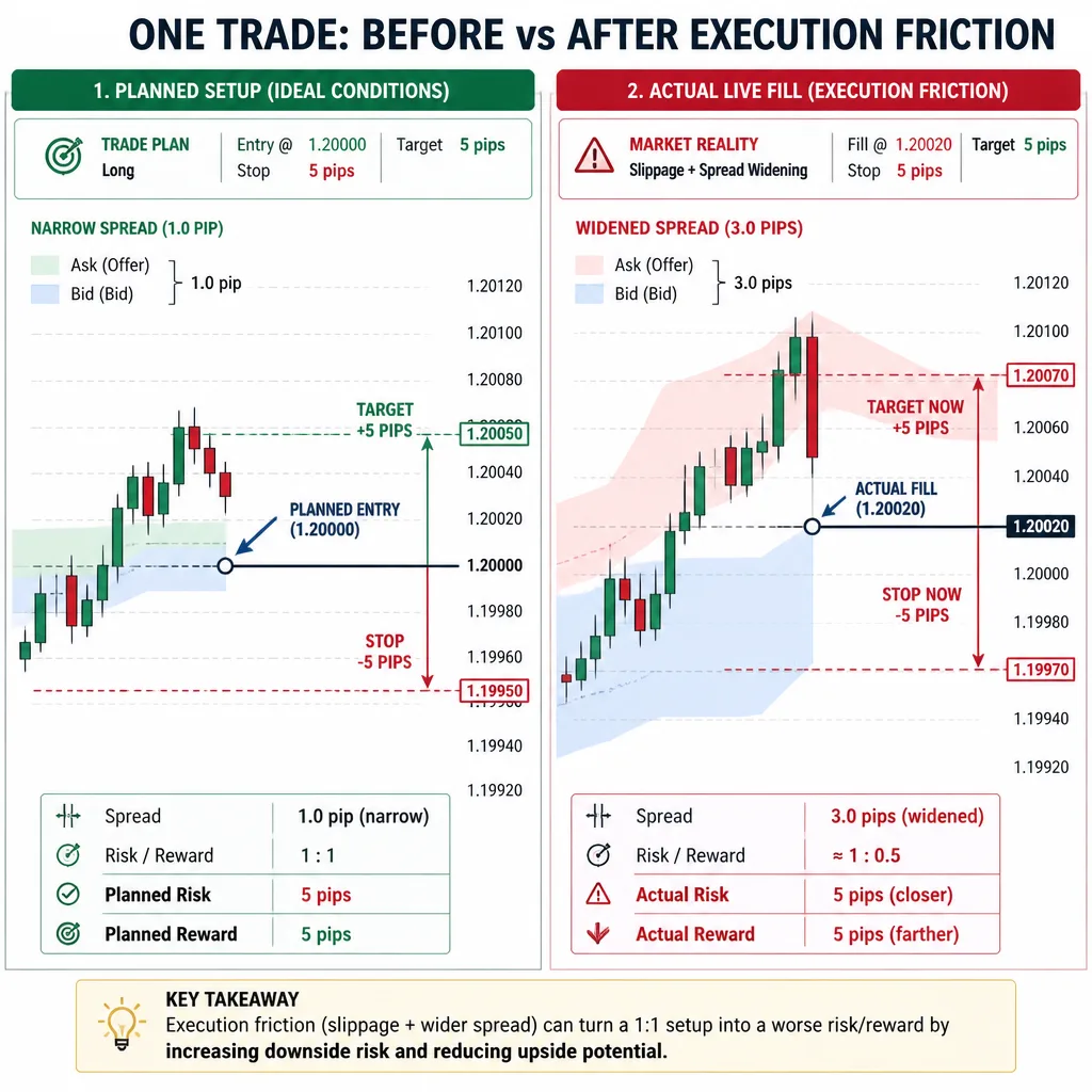 Comparison of a planned trade entry versus worse live fill caused by slippage and spread expansion