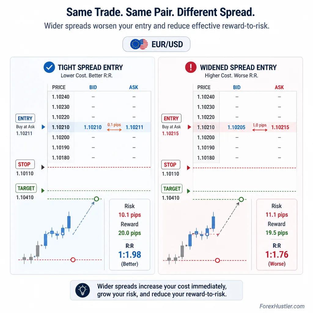 Comparison diagram showing a tight spread entry versus a widened spread entry and how spread cost reduces room to target on an intraday forex trade