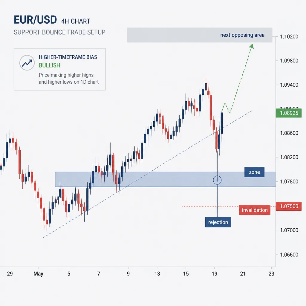 Annotated forex chart showing a support and resistance bounce zone with higher-timeframe bias, structural stop placement, and nearby opposing area