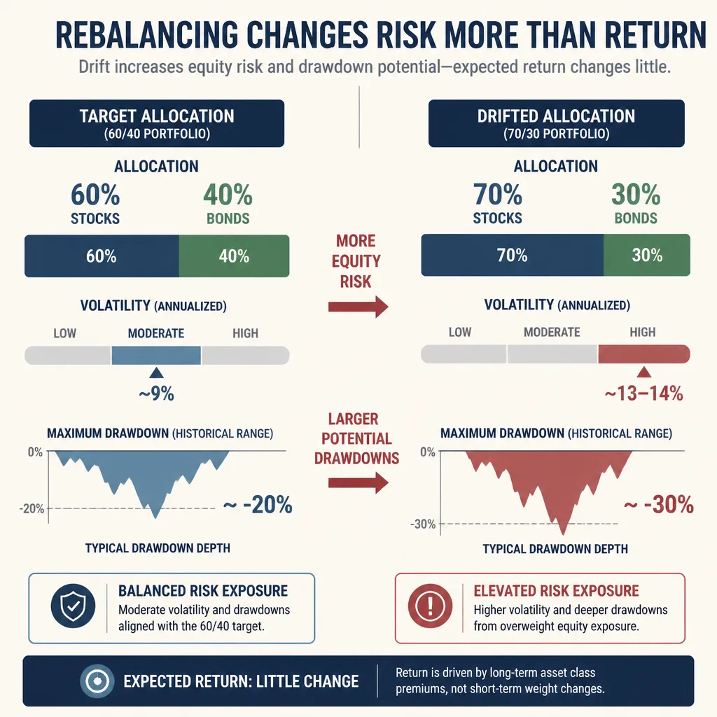 Side-by-side comparison of a stable target allocation and a drifted allocation, with annotations showing higher equity exposure, volatility, and drawdown risk