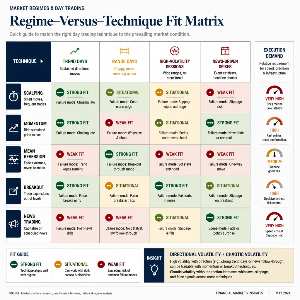 Matrix mapping trading techniques against trend days, range days, high-volatility sessions, and news-driven spikes
