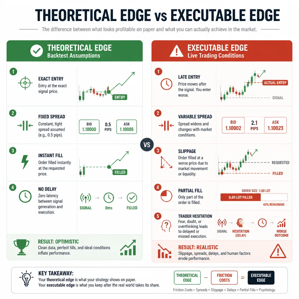 Diagram showing the gap between theoretical edge in backtests and executable edge in live markets