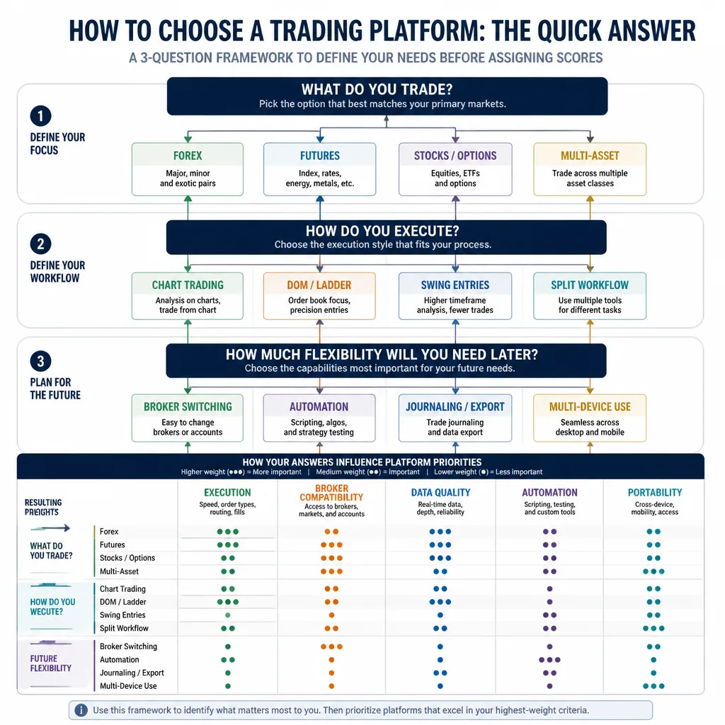Decision flow diagram asking what you trade, how you execute, and how much flexibility you need later, leading to different platform evaluation priorities