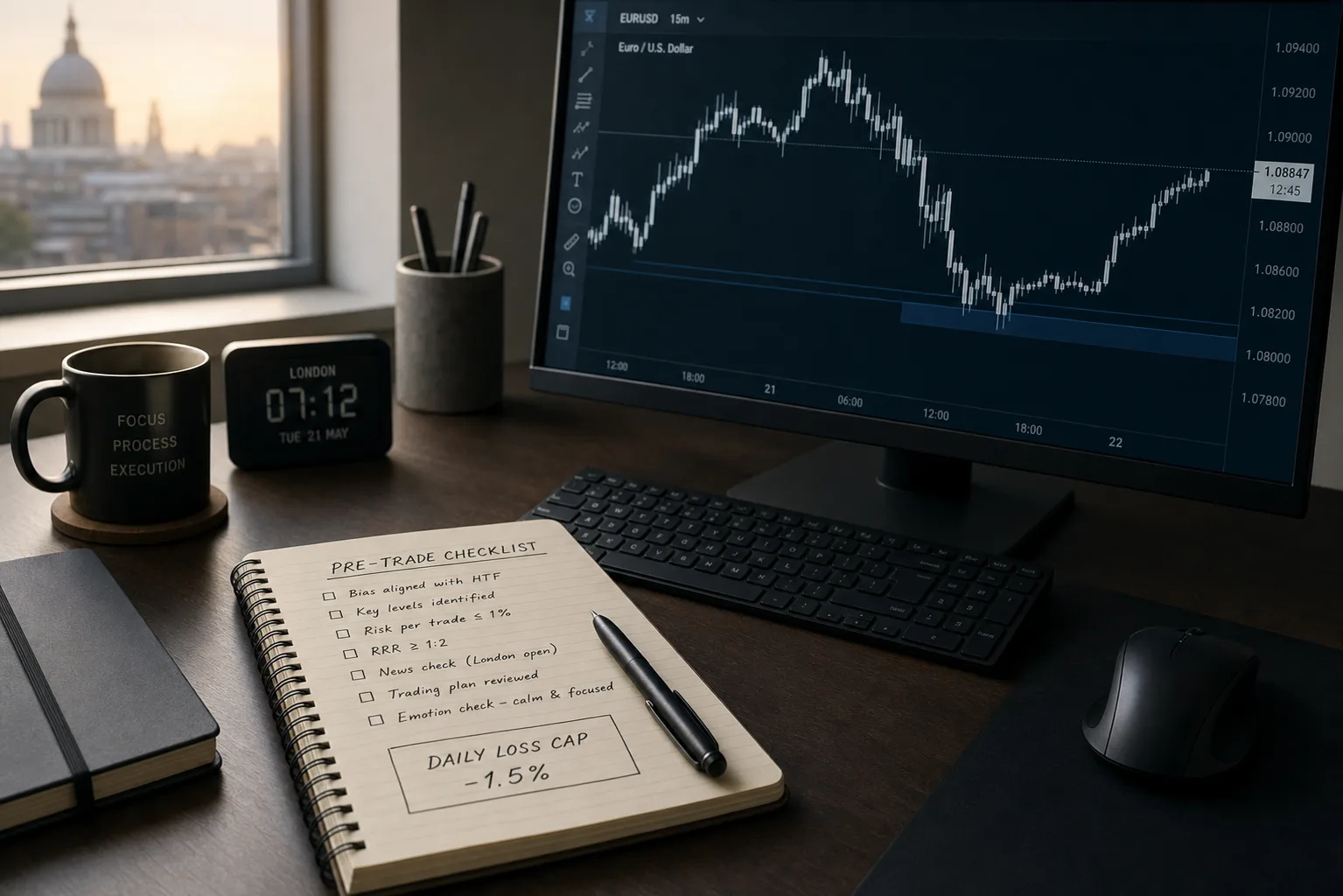 Close-up trading workstation showing a forex chart, a handwritten checklist, and a risk cap note beside a keyboard in a dim morning market session
