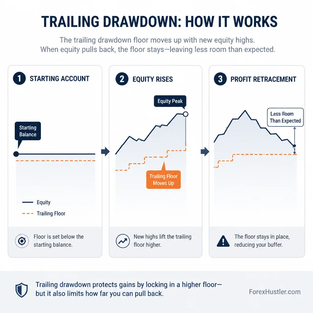 Step-by-step illustration of a trailing drawdown floor moving upward as account equity rises, leaving less room when open profit retraces