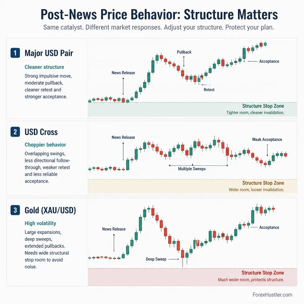 Three-panel comparison of major USD pair, USD cross, and gold price behavior after a macro release with different stop logic zones