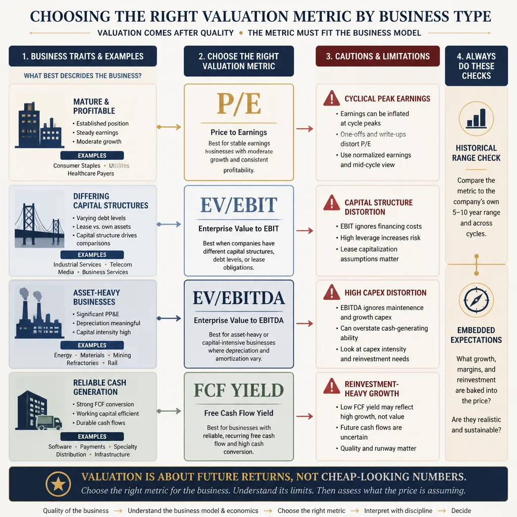 Valuation framework comparing when to use P/E, EV/EBIT, EV/EBITDA, and free cash flow yield with business-type examples