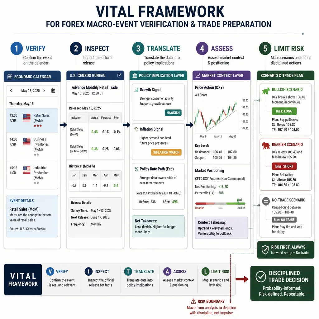 Flowchart of the VITAL framework progressing from calendar event to official source, release details, policy meaning, market context, and risk-limited trade scenarios.