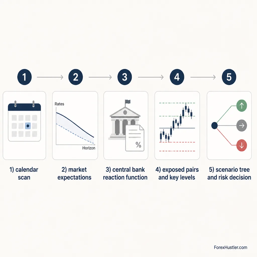 Simple visual workflow showing a five-step weekly forex macro routine from calendar scan to scenario planning