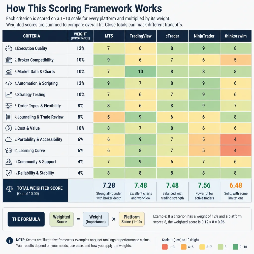 Comparison matrix of five trading platforms against twelve criteria with weighted rows and visible tradeoff patterns instead of a simple winner