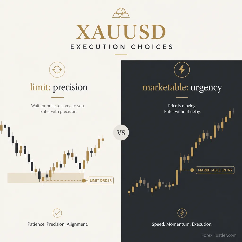 Comparison visual showing a limit order waiting at a pullback level versus a market entry catching a fast breakout in XAUUSD