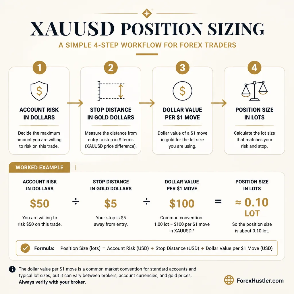 Risk sizing diagram for XAUUSD showing account risk, stop distance in dollars, dollar value per 1 dollar move, and resulting lot size