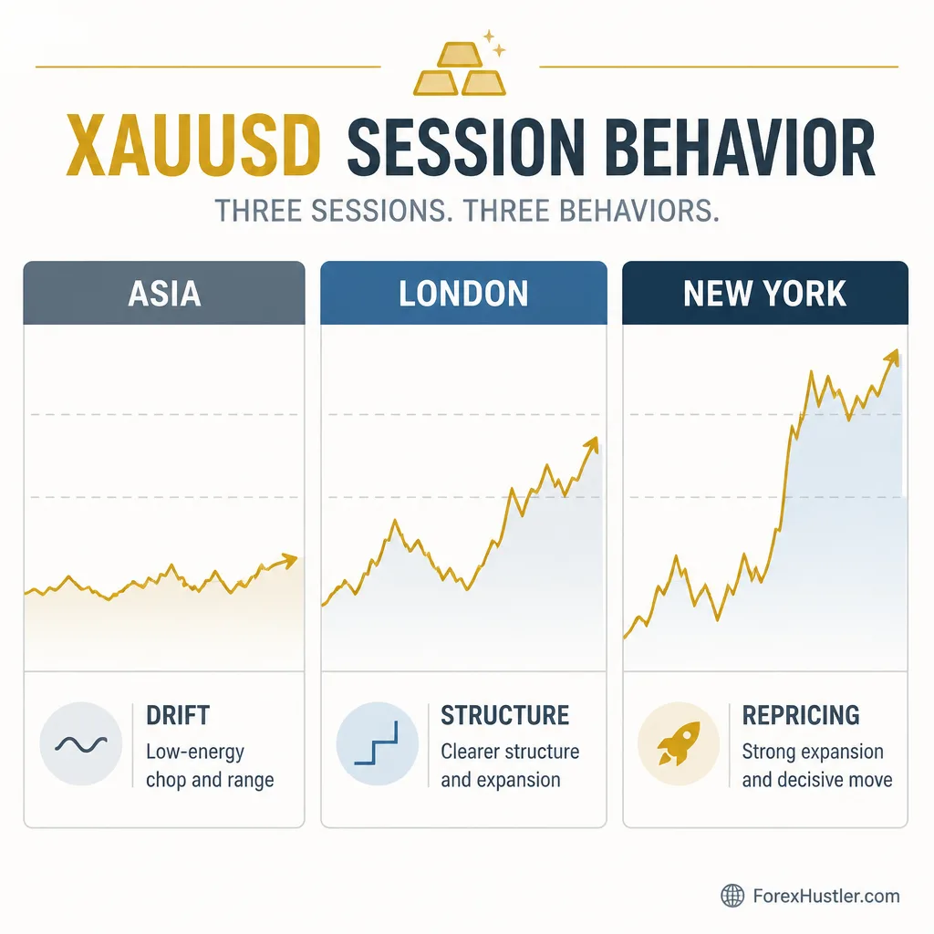 Three-part horizontal session diagram for XAUUSD labeled Asia, London, and New York, with quiet drift in Asia, firmer movement in London, and largest volatility in New York